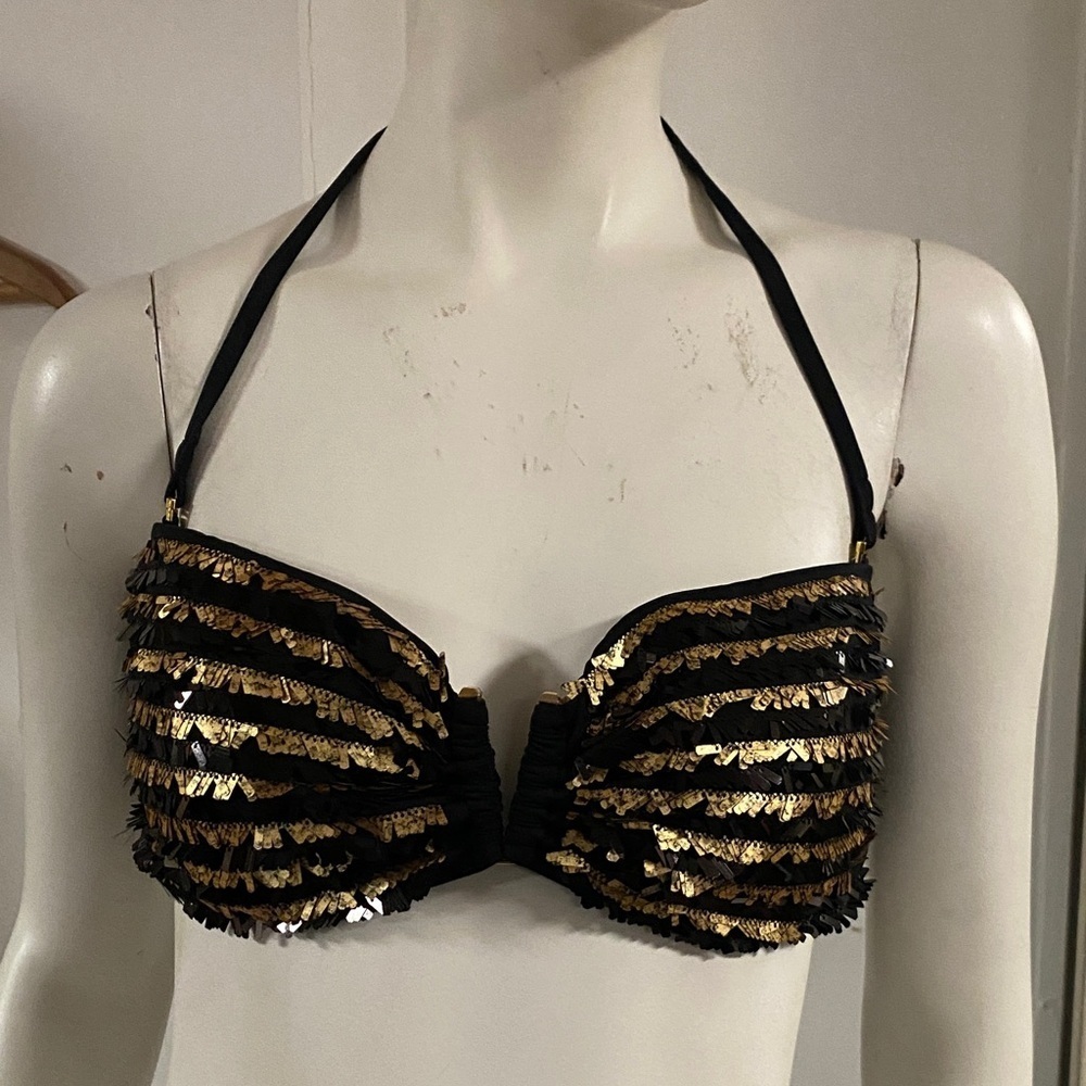 Black & Gold Sequin Halter Bikini Top - Women Swim